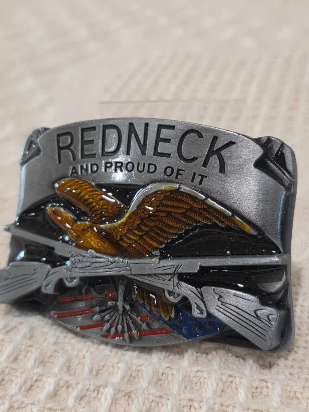 Vintage REDNECK AND PROUD OF IT American Eagle Rifles Flag 3D NOS Belt Buckle